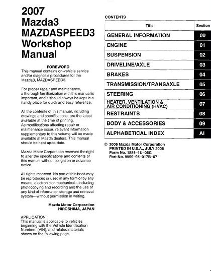 Download Link 2007 mazda3 mazdaspeed3 service repair workshop manual