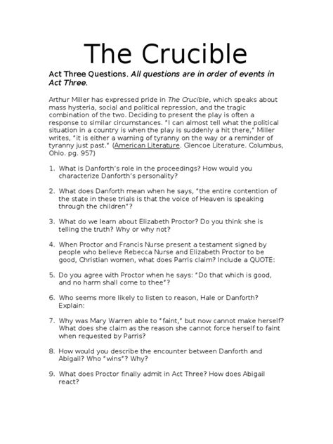 🤑 Free Reading the crucible act three questions and answers